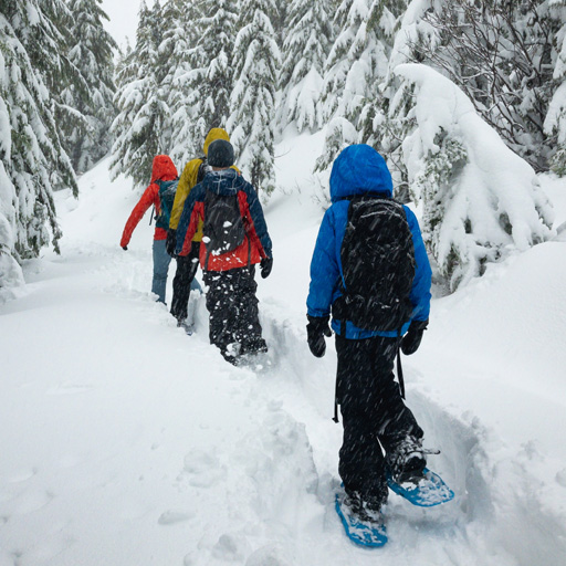 family on an outdoor adventure while snowshoeing in forest